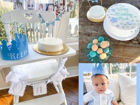 Cute baby boy celebrates his first birthday with a birthday crown and pastel blue decor