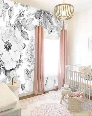 Floral nursery with black and white flower wallpaper