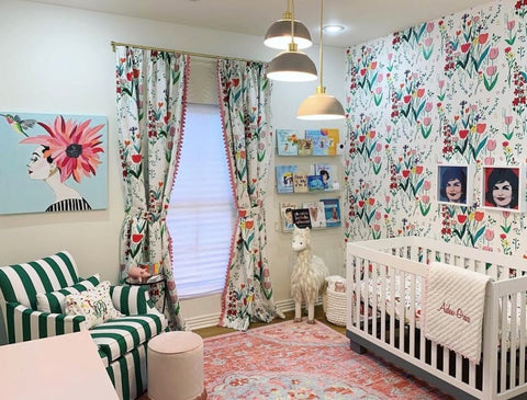 Eclectic floral nursery decorated with a mix of prints 