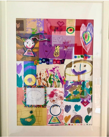 Framed collage of child's artwork
