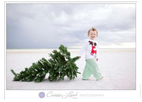 A little boy drags a Christmas tree along a beach in a holiday card