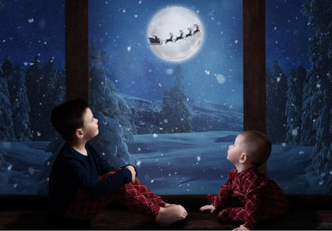 Two kids pose by a window and stare at the night sky for a holiday card photo 