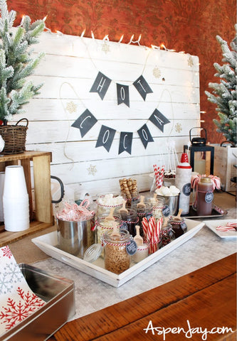 Hot cocoa bar at a winter baby shower