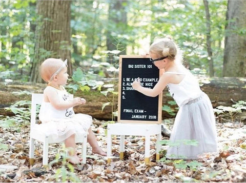 A girl shows her sister a letterboard pregnancy announcement that says "Big Sister 101"