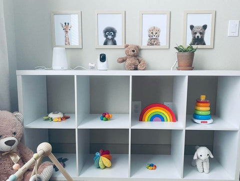قفسه مونته سوری با اسباب‌بازی‌های چوبی رنگین کمانی به نمایش گذاشته شده است