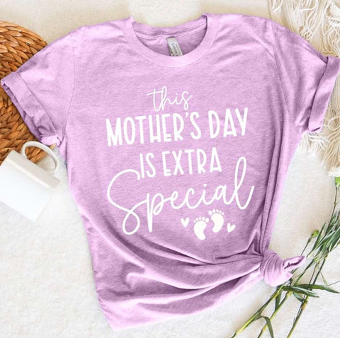 A Mother's Day pregnancy announcement t-shirt that says "This Mother's Day is extra special"