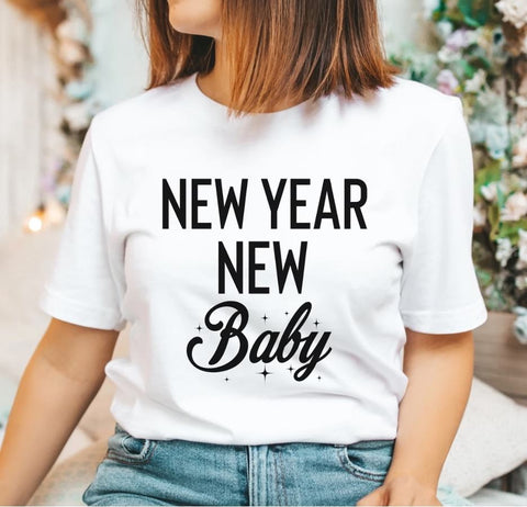 Pregnancy announcement t-shirt that says "New Year New Baby"