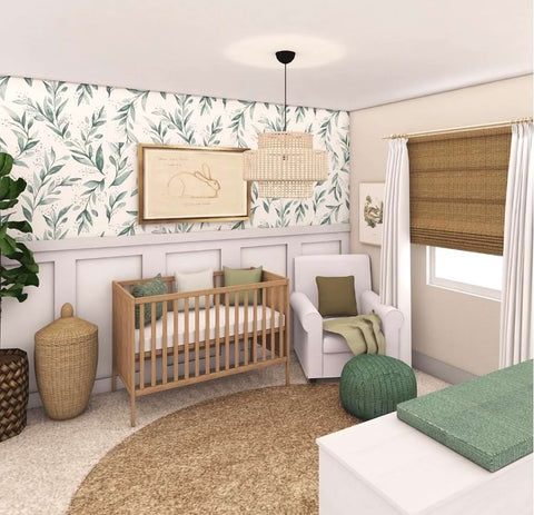 A baby nursery layout with a rocking chair next to the crib