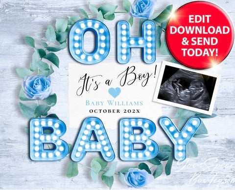 Pregnancy announcement template that says "Oh baby, it's a boy"