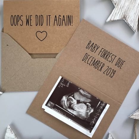 Card that says "oops I did it again" with ultrasound picture inside