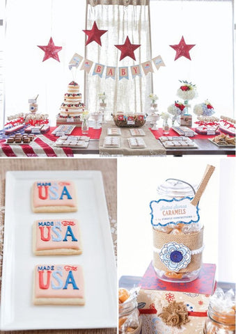 Red, white, and blue decorations for a patriotic-themed summer baby shower