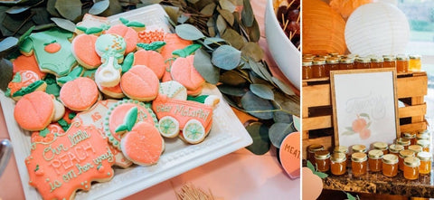 Cookies decorated as peaches for a peach-themed summer baby shower