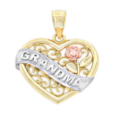 A heart-shaped gold bracelet charm that says "Grandma"