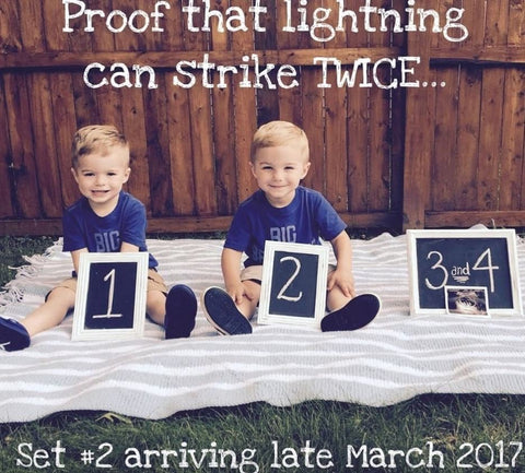Twin toddlers pose with signs announcing another twin pregnancy