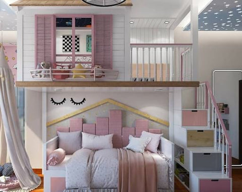 Shared kids' room with a lofted playhouse