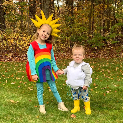 Rainbow and raincloud sibling Halloween costumes