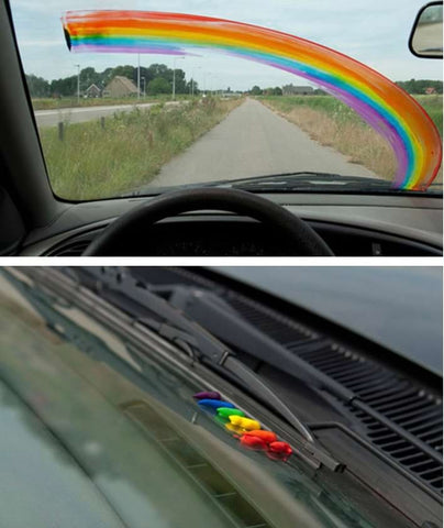 St Patrick's Day activity that involves using paint and car windshield wipers to make a windshield rainbow