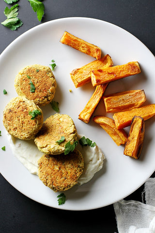 Chickpea patties with sweet potato fries