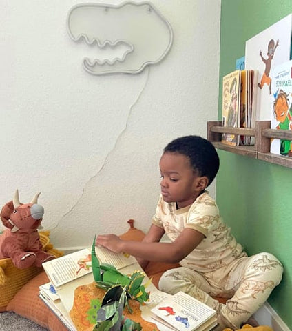 Toddler boy sitting in the corner of a bedroom paging through books.