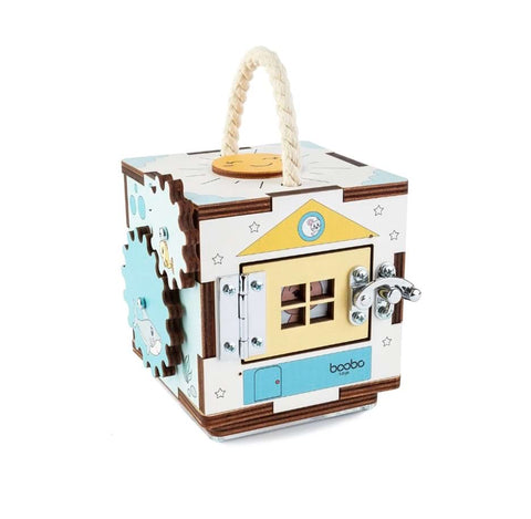 Montessori-style busy cube toy for toddlers