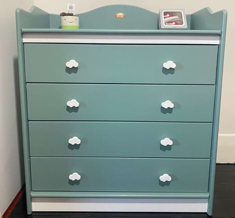 Upcycled nursery dresser with DIY cloud-shaped drawer pulls