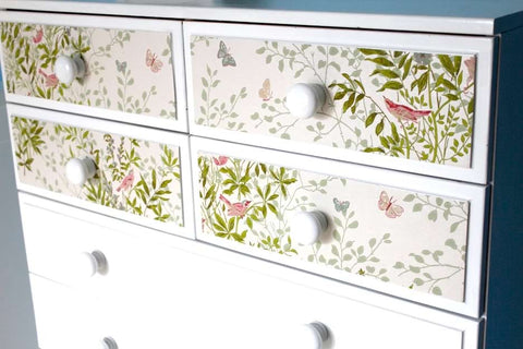 Nursery dresser upcycled with wallpaper