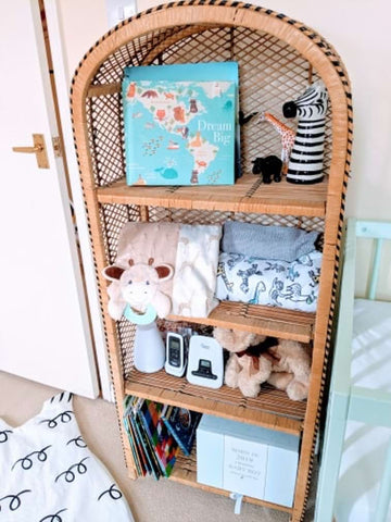 Upcycled wicker nursery shelf