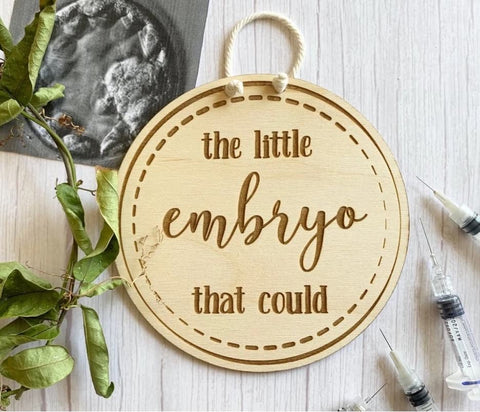 Wood sign that says "the little embryo that could"