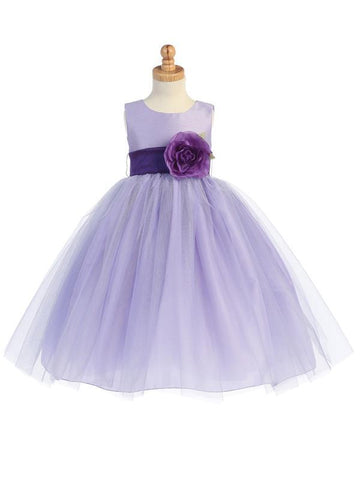 Princess Sheer Neck Pleated Purple Tulle Wedding Flower Girl Dress, Bow