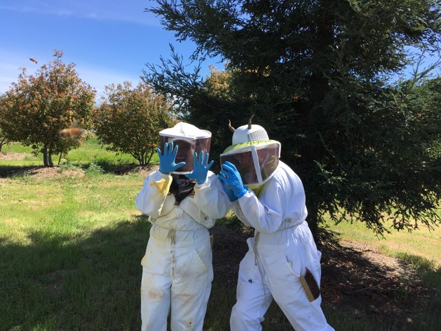 two beekeepers in full gear being silly for the camera