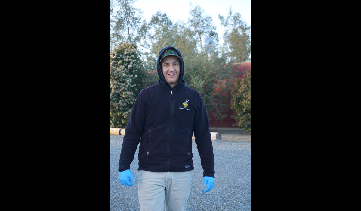 a worker walking towards the camera with hat, hood and gloves on