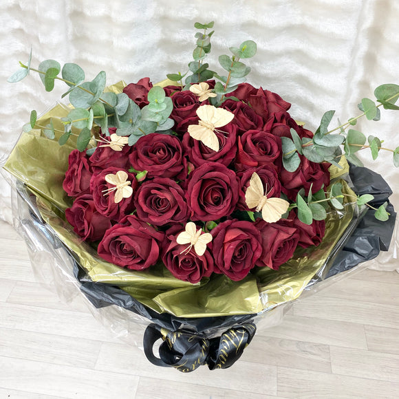 'Cara Mia' Velvet Rose & Eucalyptus Handtied Artificial Silk (Faux Flowers) Bouquet