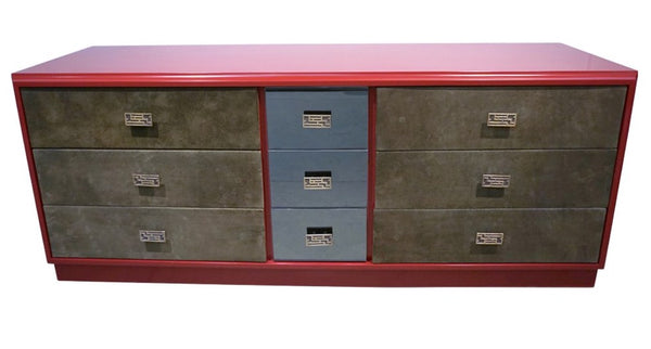 1970s-Frigerio-Green-Leather-Wine-Red-Nine-Drawer-Dresser