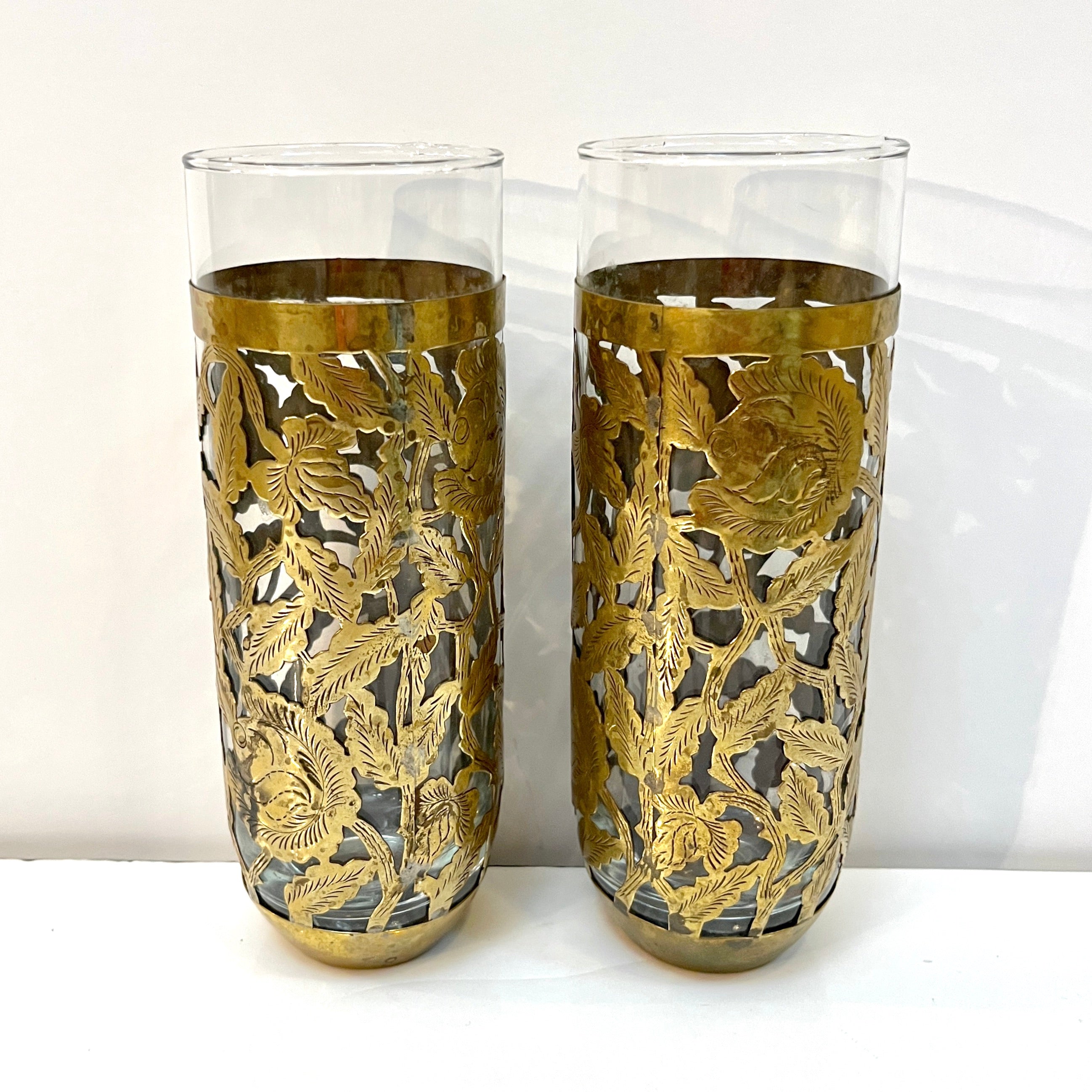 1960s Mexican Pair Drinking Glasses Encased in Etched Cutwork Floral Brass Decor
