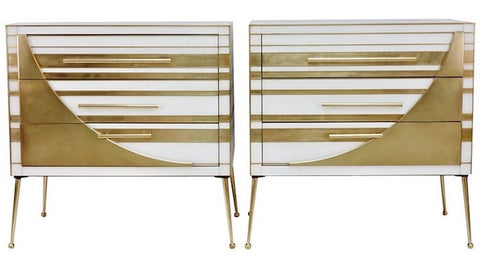 Contemporary-Italian-pair-Gold-Brass-White-Glass-Chests