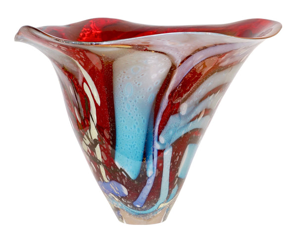 Modern Italian Murano Glass Red Vase with Blue Murrine