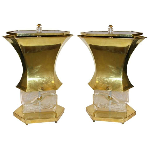 Gucci 1980s Italian Pair of Post Modern Gold Brass and Glass Lamps