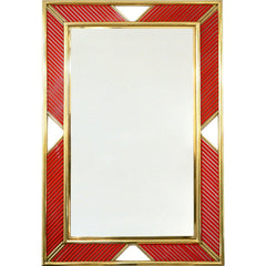 Italian-Modern-Brass-Mirror-Coral-Red-Murano-Glass-Baguettes