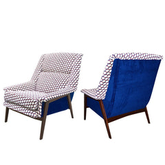 Italian-Walnut-Armchairs-Blue-white-Red-Fabric