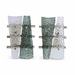 Contemporary Pair of Geometric Crystal & Aqua Green Murano Glass Nickel Sconces