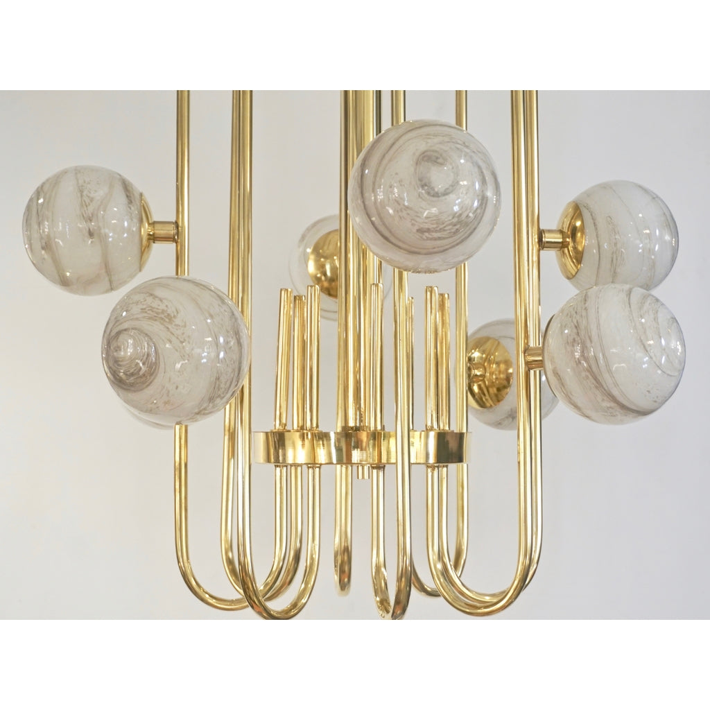 Bespoke Italian Alabaster White Murano Glass Brass Curved Globe Chande ...