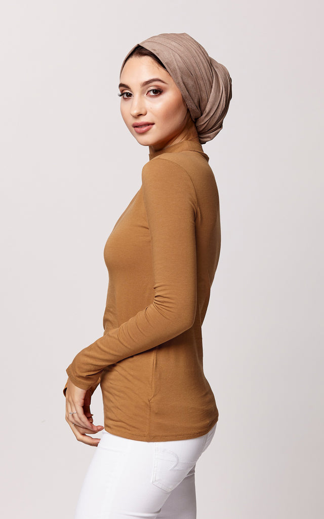 High Neck Long Sleeve Top in Camel 