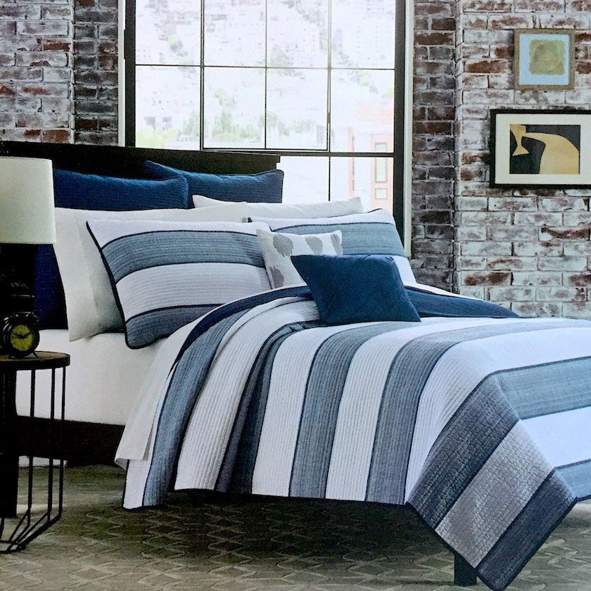 Blue And White Cabana Stripes With Navy Blue Trim Quilt Set