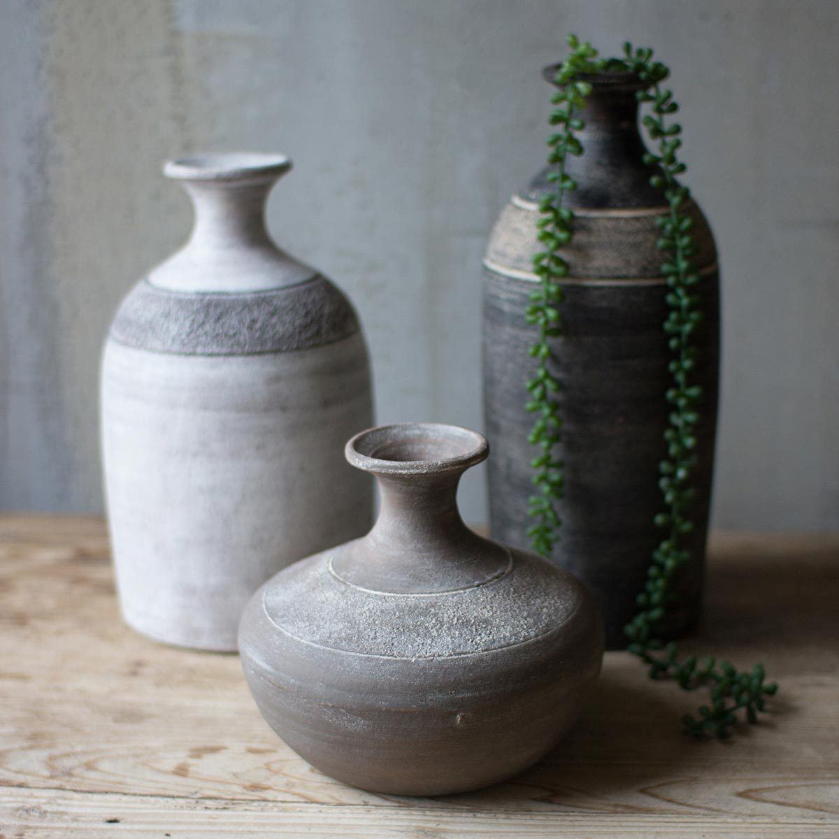 Set of 3 Black Grey & White Clay Vessels White clay