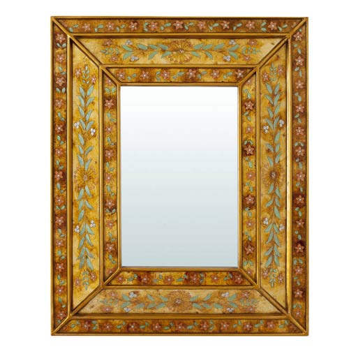 Handcrafted Golden Painted Mirror with Flower Decoration 42x52 cm