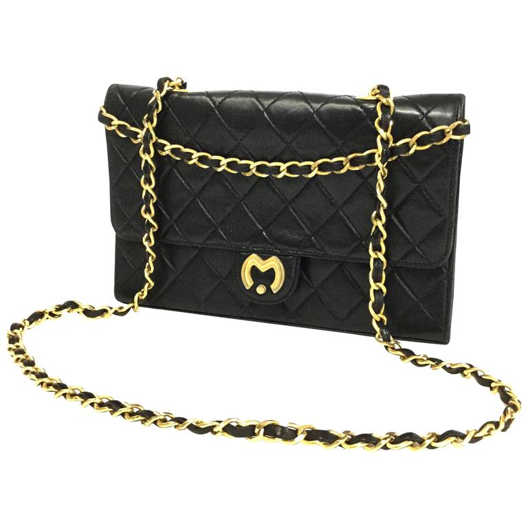 1980s Mila Schon Black Quilted Leather Gold Chain Cross body Purse - MRS Couture