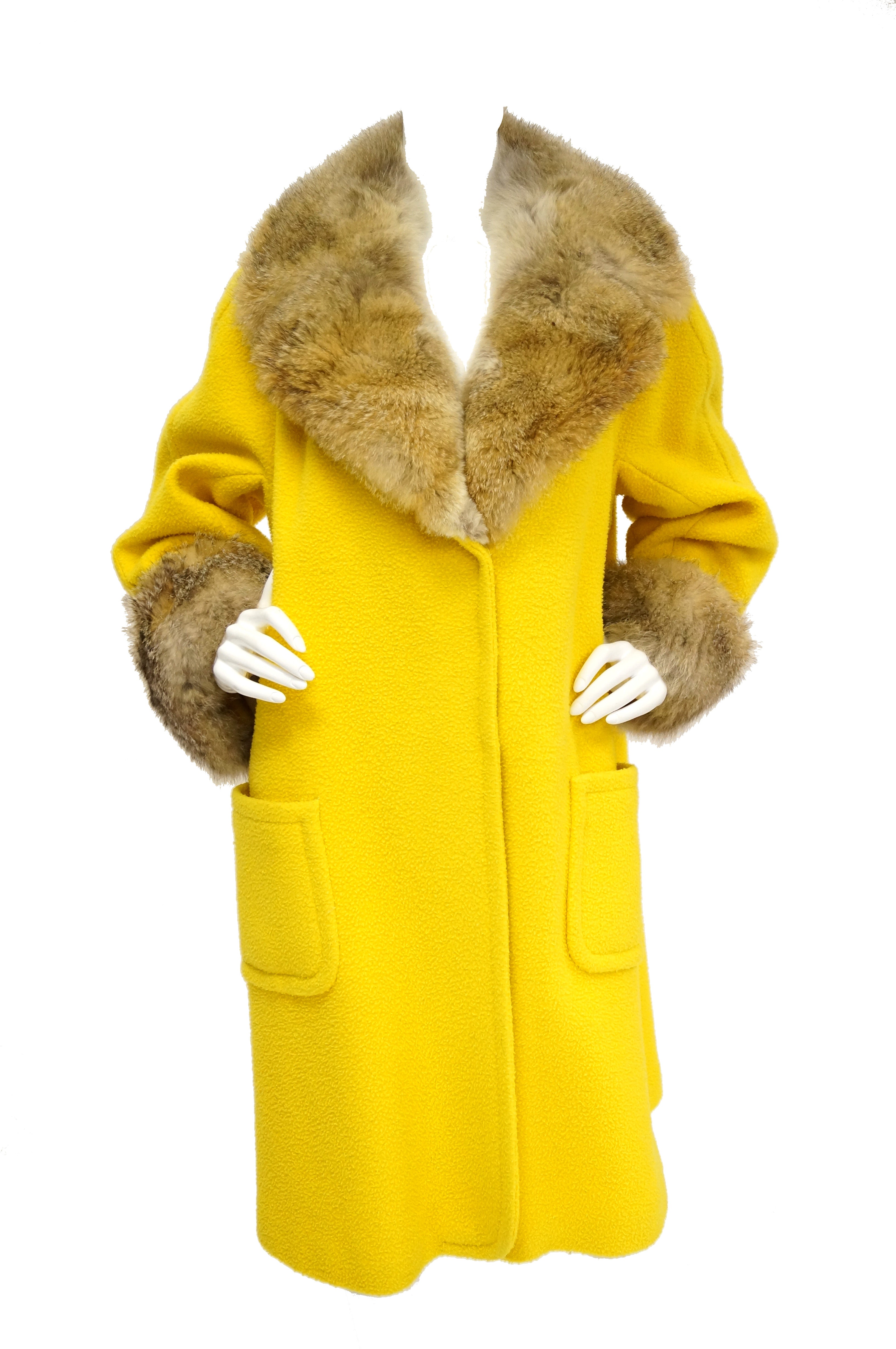 1960s Canary Yellow Boucle Wool Coat with Fox Fur Collar and Cuffs ...