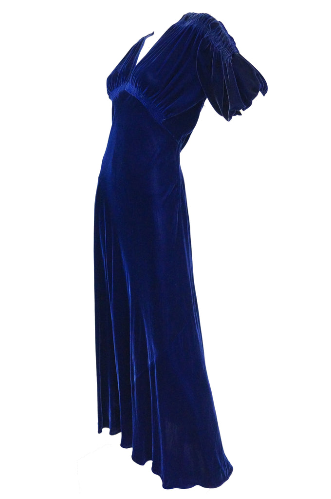1930s Bias Cut Deep Cobalt Velvet Evening Dress - MRS Couture
