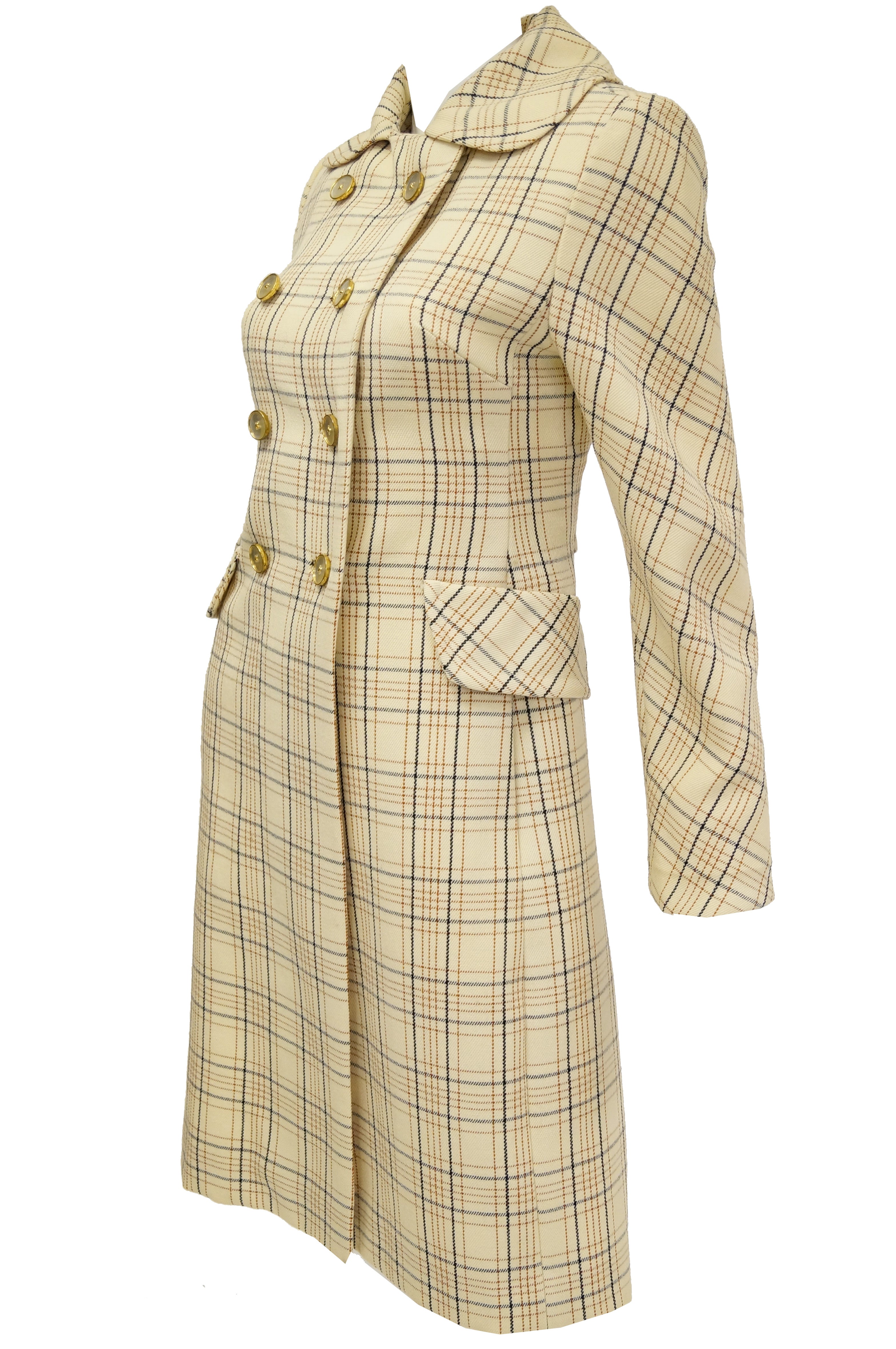 1960s Bill Blass Cream Wool Plaid Coat with Mother of Pearl Buttons ...