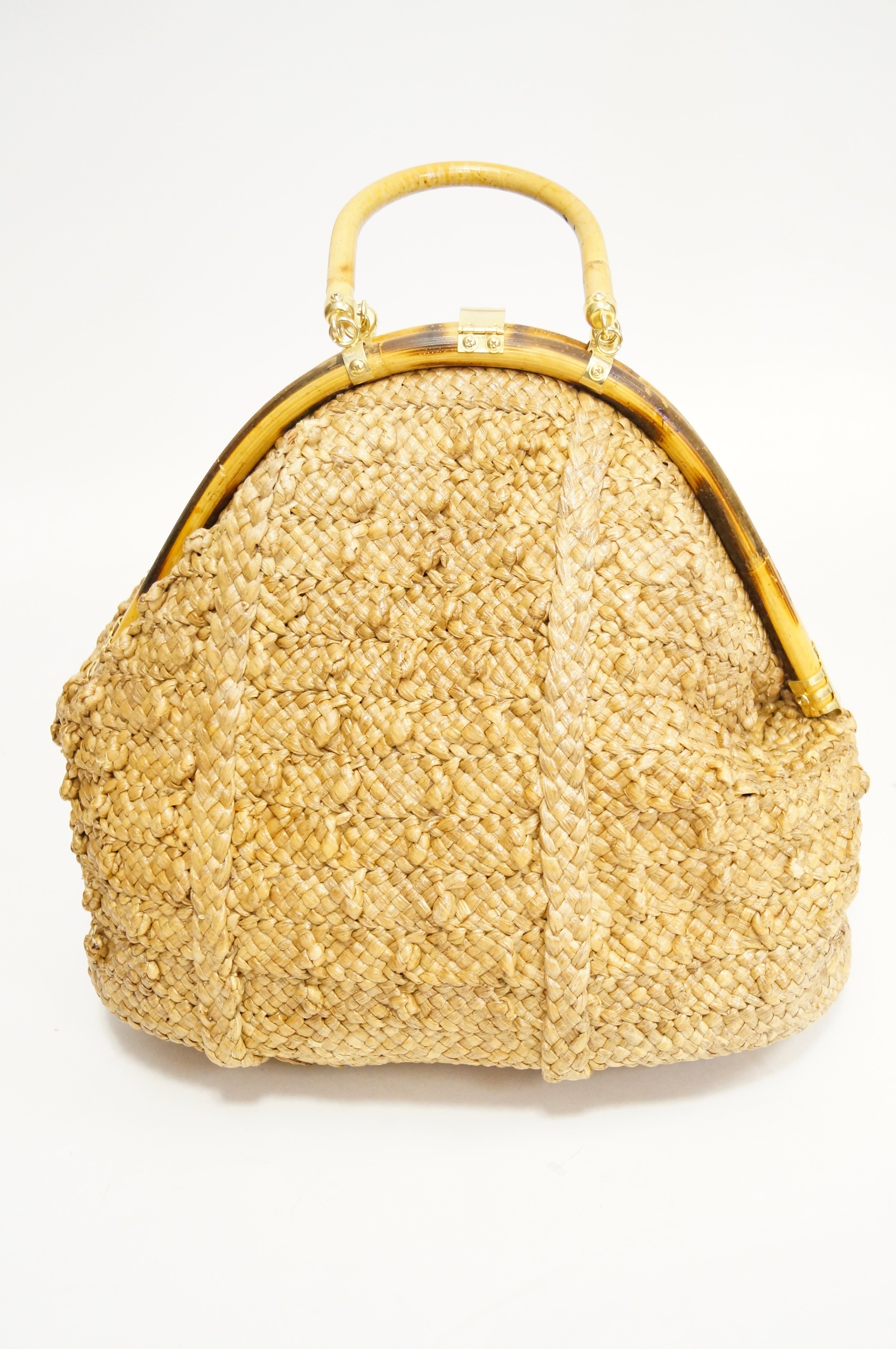 1970s Delill Bamboo Handle Woven Slouch Tote Bag made in Italy - MRS Couture